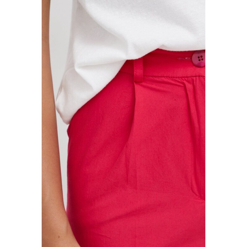 Pamučne hlače Sisley za žene, boja: ružičasta, široke, visoki struk