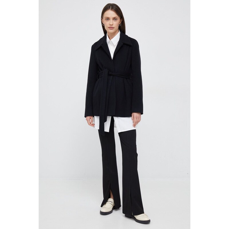 Vuneni kaput Calvin Klein boja: crna, za prijelazno razdoblje