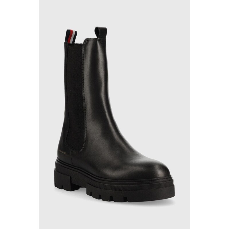 Kožne gležnjače Tommy Hilfiger Monochromatic Chelsea Boot za žene, boja: crna, ravna potpetica