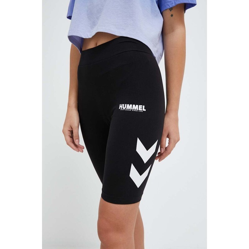 Kratke hlače Hummel za žene, boja: crna, s tiskom, srednje visoki struk