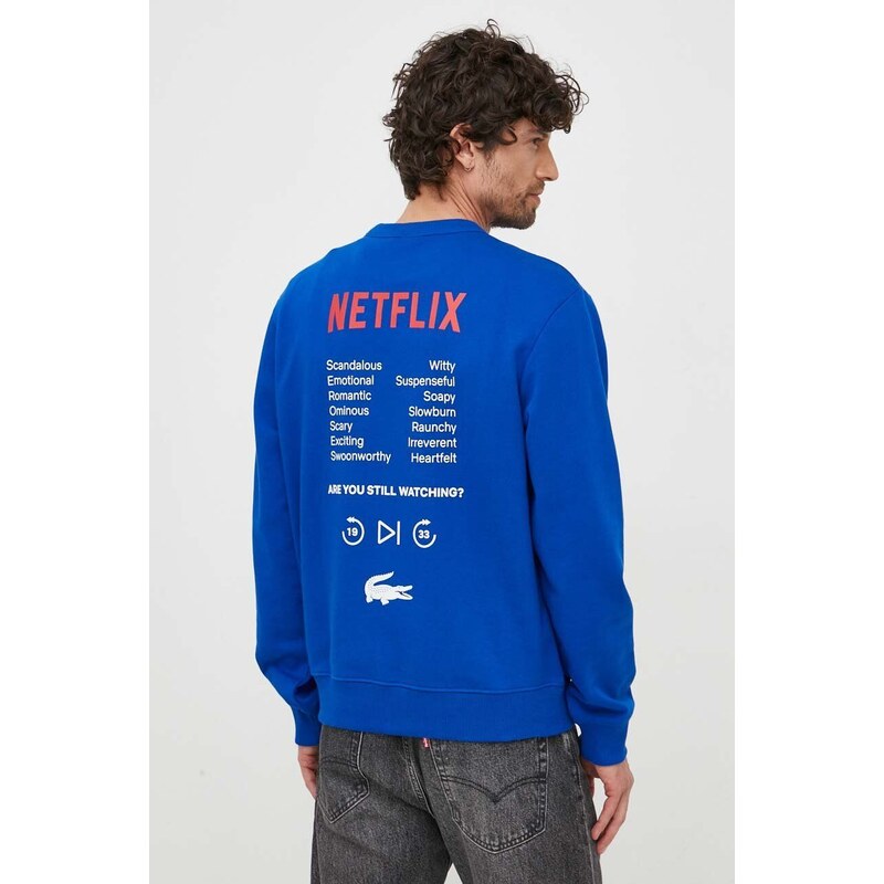 Pamučna dukserica Lacoste x Netflix za muškarce, boja: tamno plava, s uzorkom, SH7717-JQ0