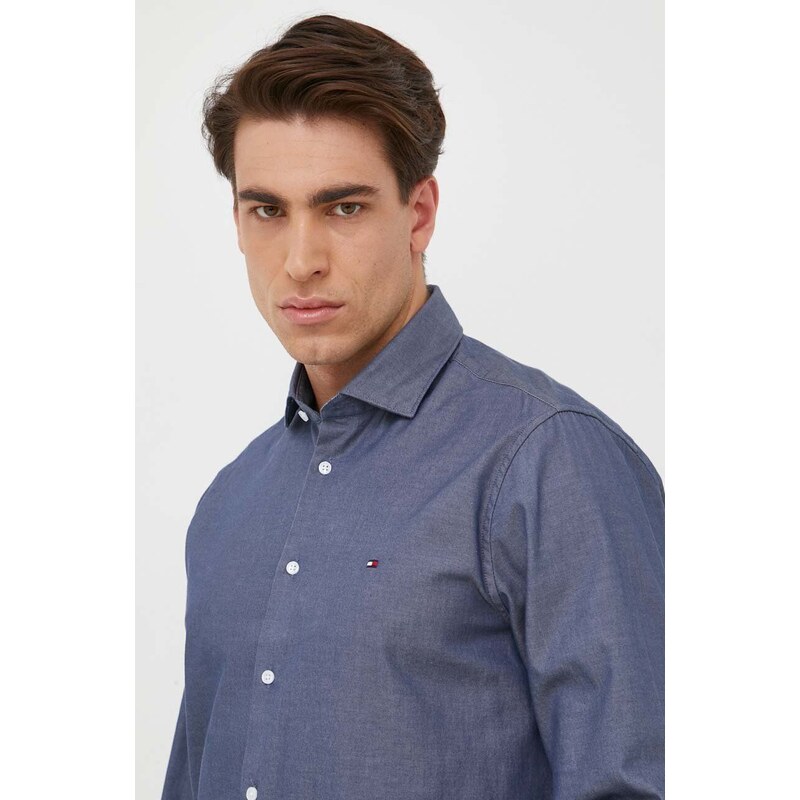 Pamučna košulja Tommy Hilfiger za muškarce, boja: tamno plava, regular, s klasičnim ovratnikom