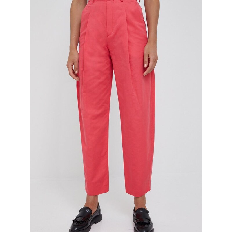 Pamučne hlače Drykorn za žene, boja: ružičasta, široke, visoki struk