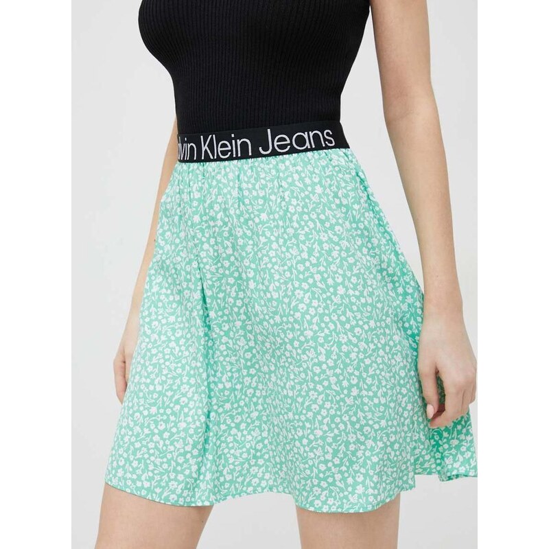 Suknja Calvin Klein Jeans boja: zelena, mini, širi se prema dolje