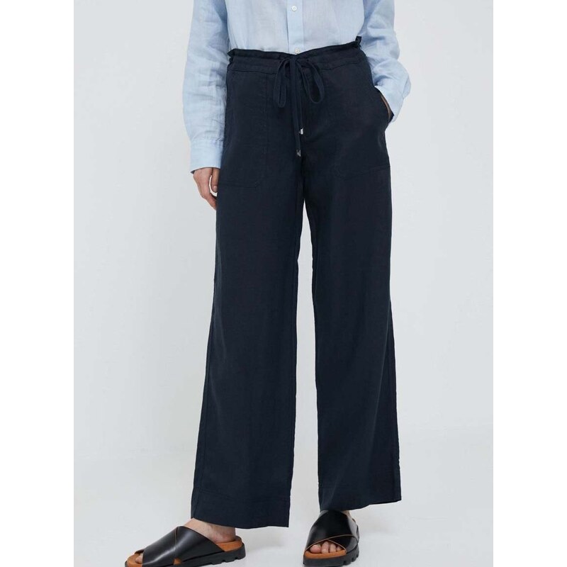 Lanene hlače Lauren Ralph Lauren boja: tamno plava, široke, srednje visoki struk