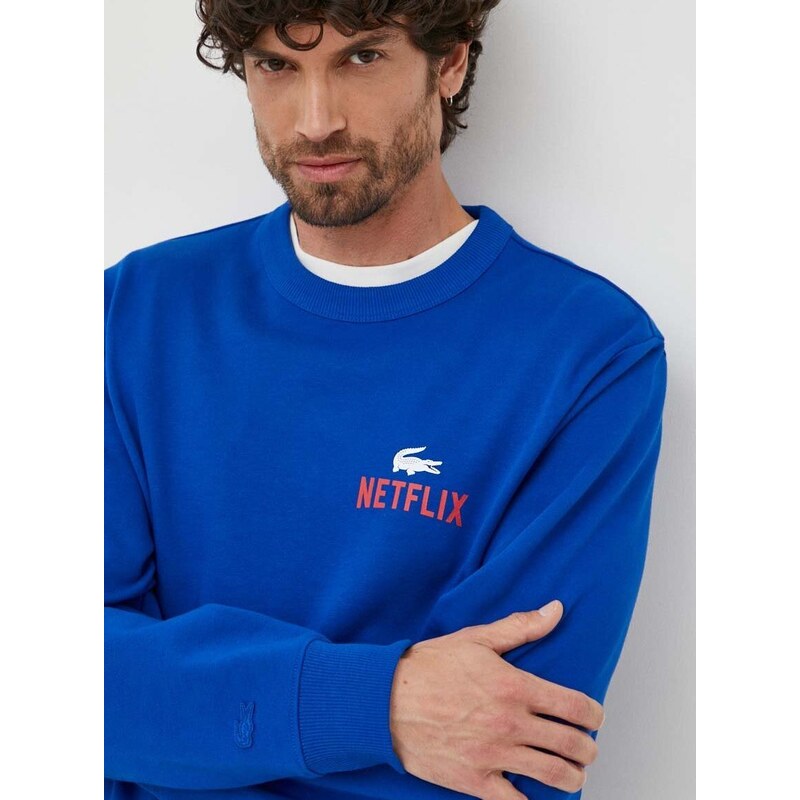 Pamučna dukserica Lacoste x Netflix za muškarce, boja: tamno plava, s uzorkom, SH7717-JQ0