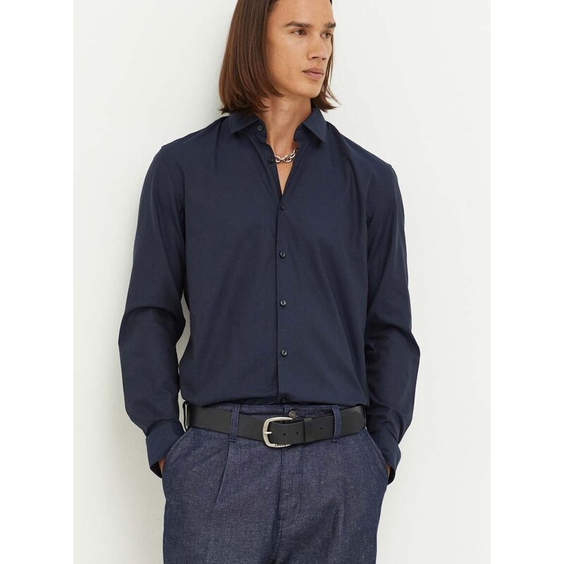 Pamučna košulja HUGO za muškarce, boja: tamno plava, slim, s klasičnim ovratnikom