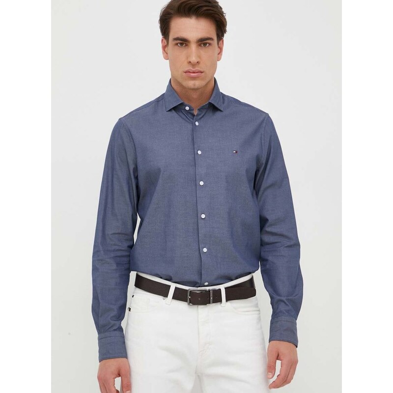 Pamučna košulja Tommy Hilfiger za muškarce, boja: tamno plava, regular, s klasičnim ovratnikom