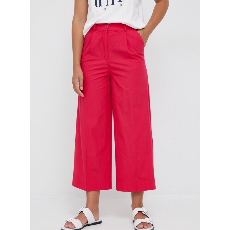 Pamučne hlače Sisley za žene, boja: ružičasta, široke, visoki struk