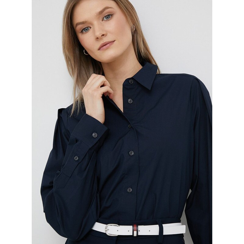 Pamučna košulja Tommy Hilfiger za žene, boja: tamno plava, regular, s klasičnim ovratnikom