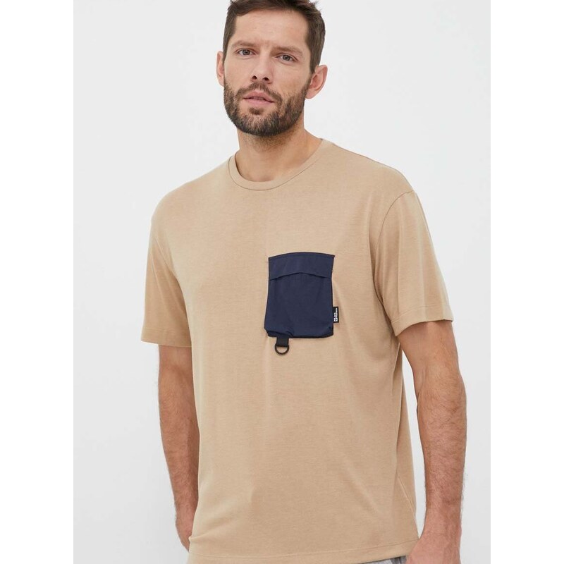Majica kratkih rukava Jack Wolfskin za muškarce, boja: bež, glatki model