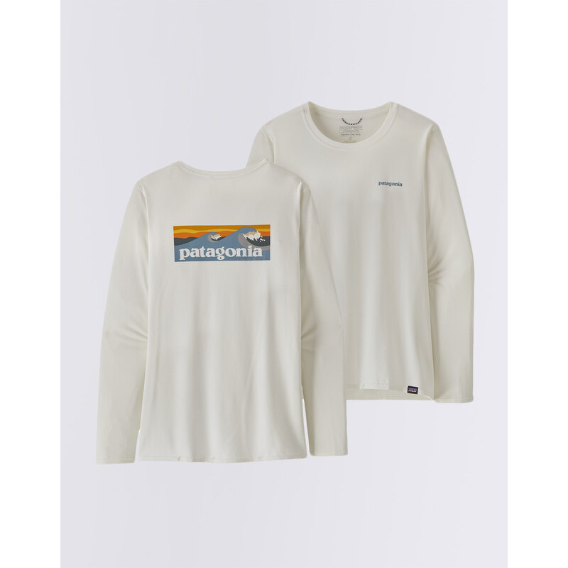 Patagonia W's L/S Cap Cool Daily Graphic Shirt - Waters Boardshort Logo Light Plume Grey: White