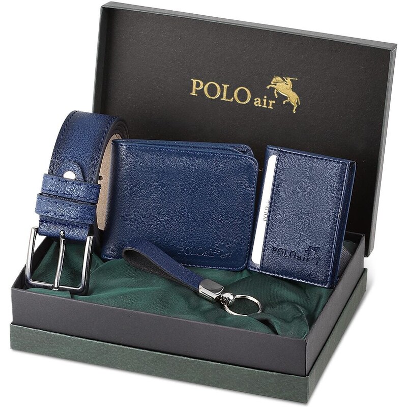 Polo Air Belt Wallet Card Holder Keychain Gift Combination Navy Blue Set
