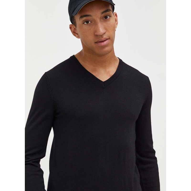 Vuneni pulover HUGO za muškarce, boja: crna, lagani