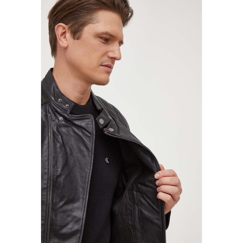 Kožna jakna Pepe Jeans Brewster za muškarce, boja: crna, za prijelazno razdoblje