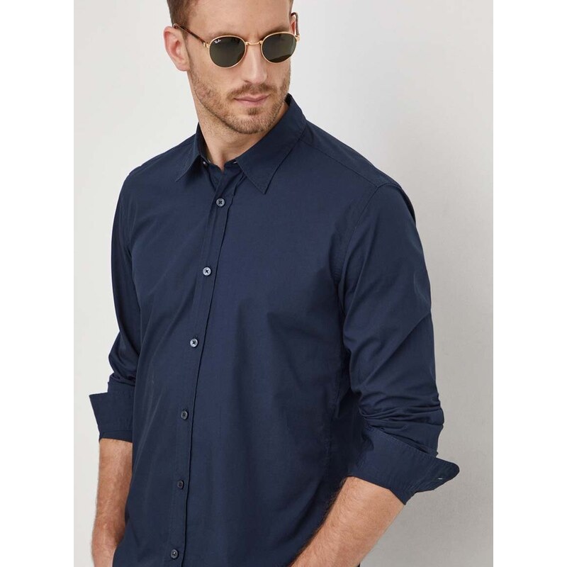 Pamučna košulja BOSS za muškarce, boja: tamno plava, slim, s klasičnim ovratnikom