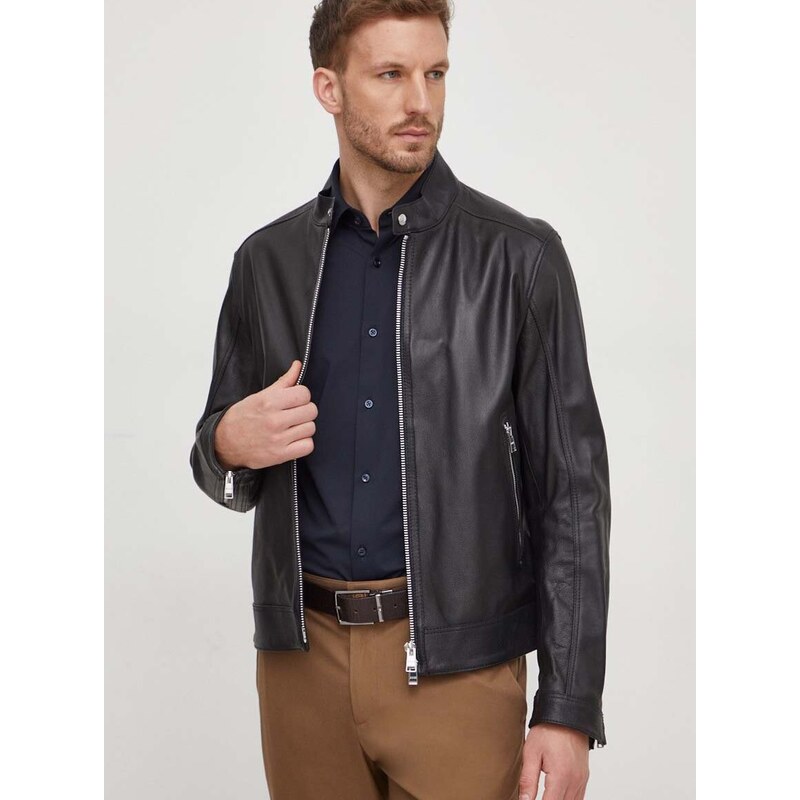 Kožna jakna BOSS za muškarce, boja: crna, za prijelazno razdoblje