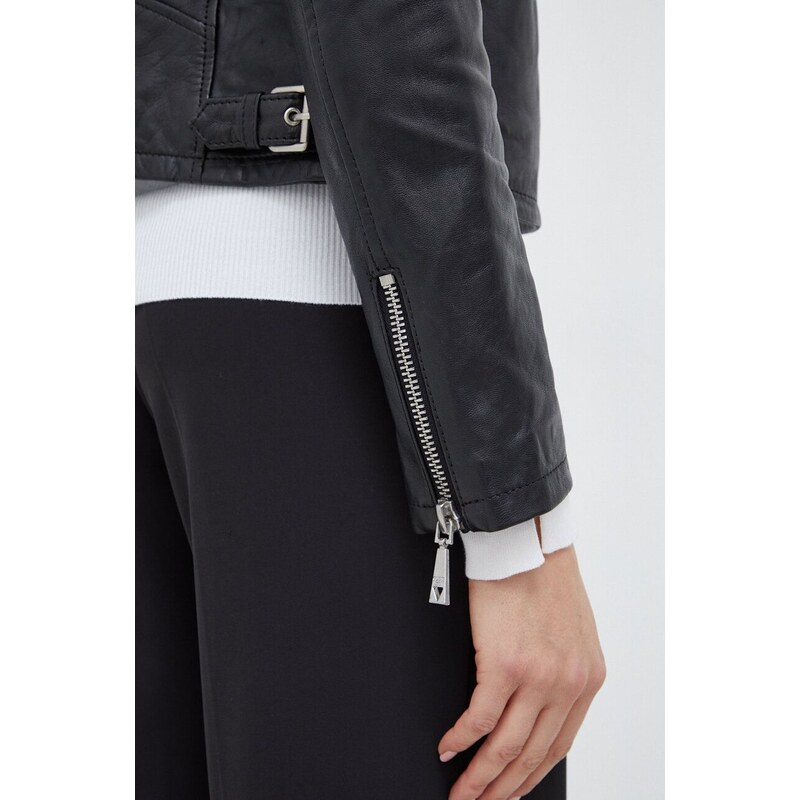 Kožna ramones jakna Guess za žene, boja: crna, za prijelazno razdoblje