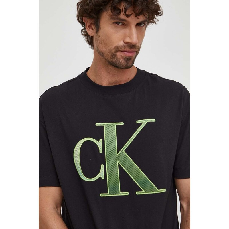 Pamučna majica Calvin Klein Jeans za muškarce, boja: crna, s aplikacijom