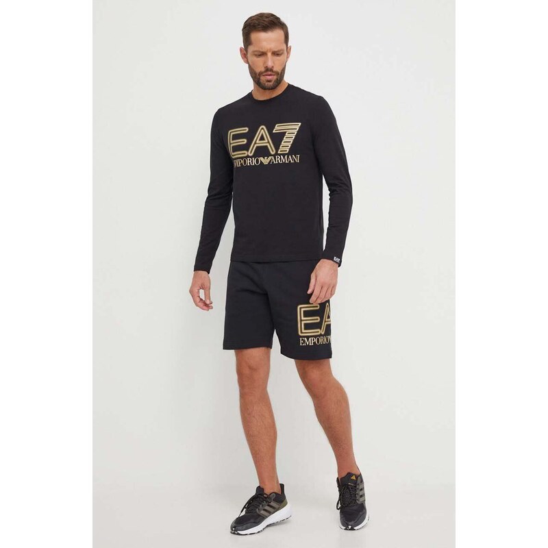 Majica dugih rukava EA7 Emporio Armani za muškarce, boja: crna, s tiskom