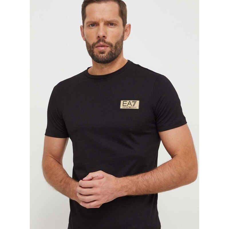 Pamučna majica EA7 Emporio Armani za muškarce, boja: crna, bez uzorka