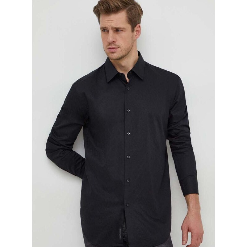 Pamučna košulja BOSS za muškarce, boja: crna, regular, s klasičnim ovratnikom