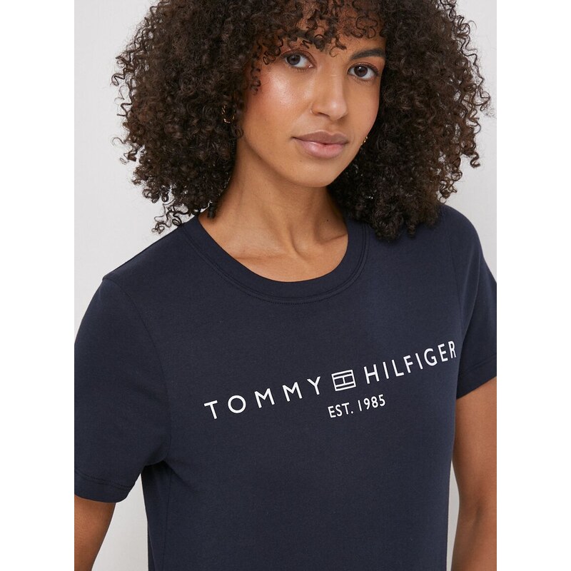 Pamučna majica Tommy Hilfiger za žene, boja: tamno plava