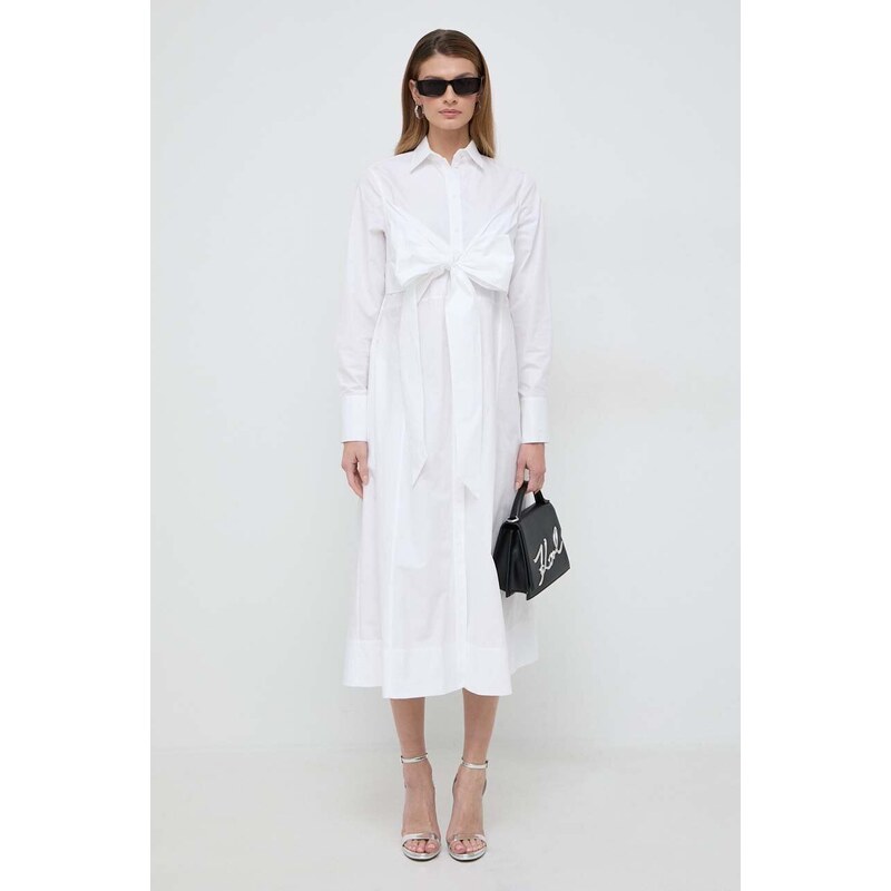 Pamučna haljina Karl Lagerfeld boja: bijela, midi, širi se prema dolje
