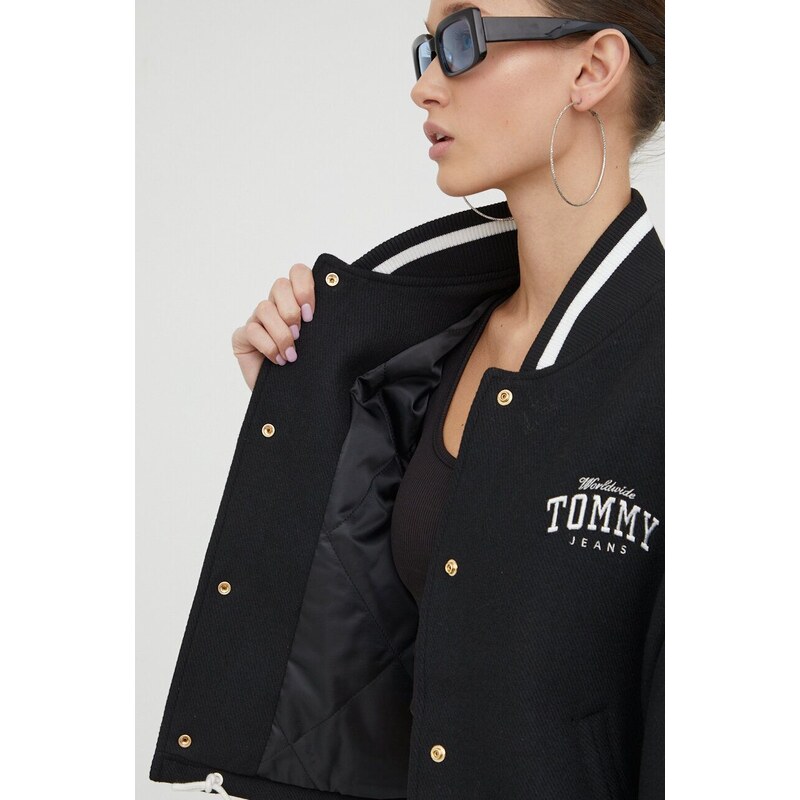 Bomber jakna s primjesom vune Tommy Jeans boja: crna, za prijelazno razdoblje