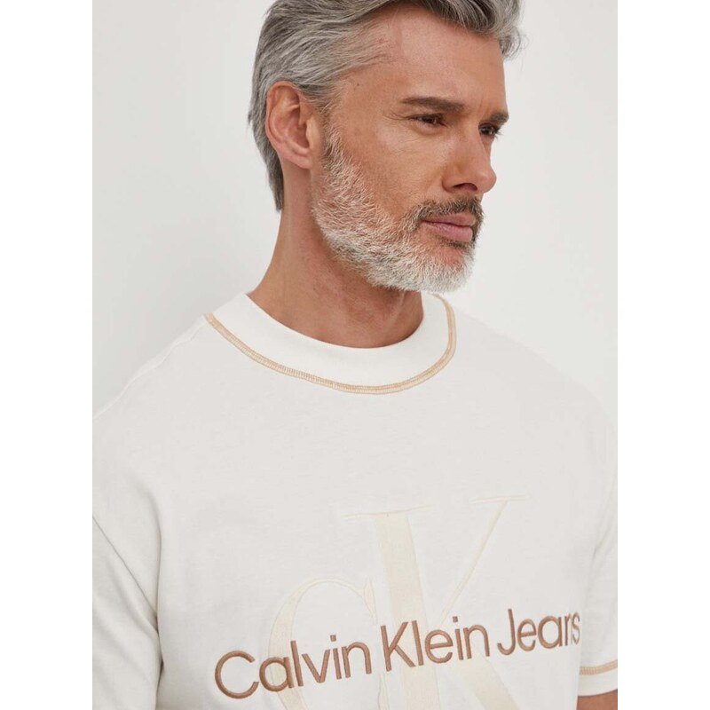 Pamučna majica Calvin Klein Jeans za muškarce, boja: bež, s aplikacijom