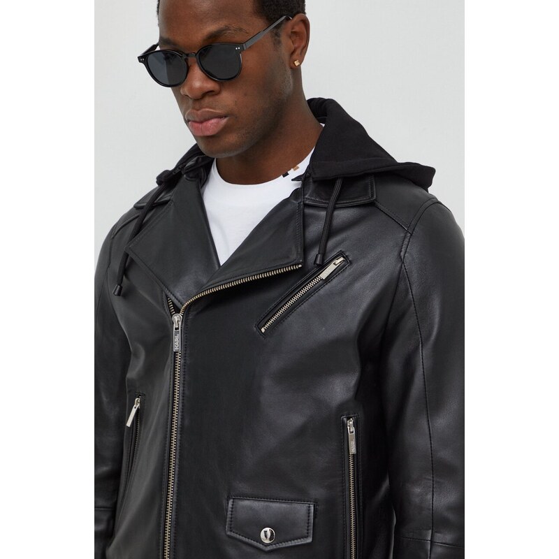 Kožna ramones jakna Karl Lagerfeld za muškarce, boja: crna, za prijelazno razdoblje