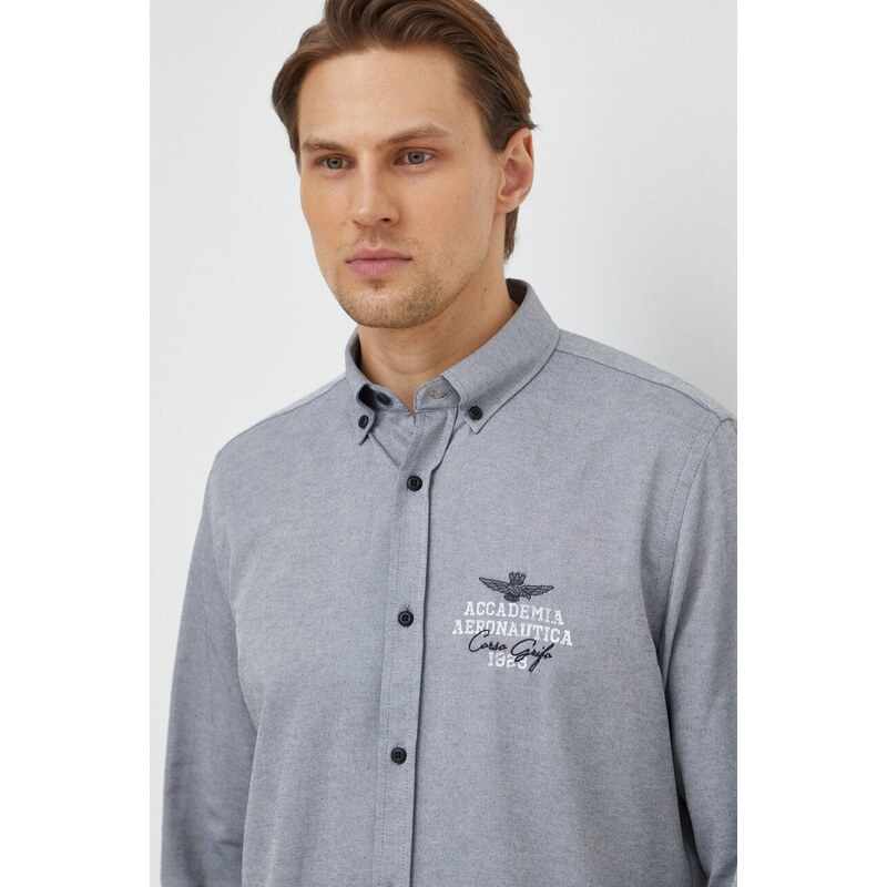 Košulja Aeronautica Militare za muškarce, boja: siva, regular, s button-down ovratnikom