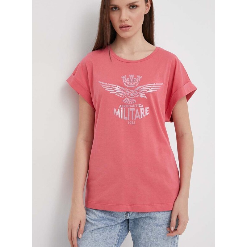 Pamučna majica Aeronautica Militare za žene, boja: ružičasta