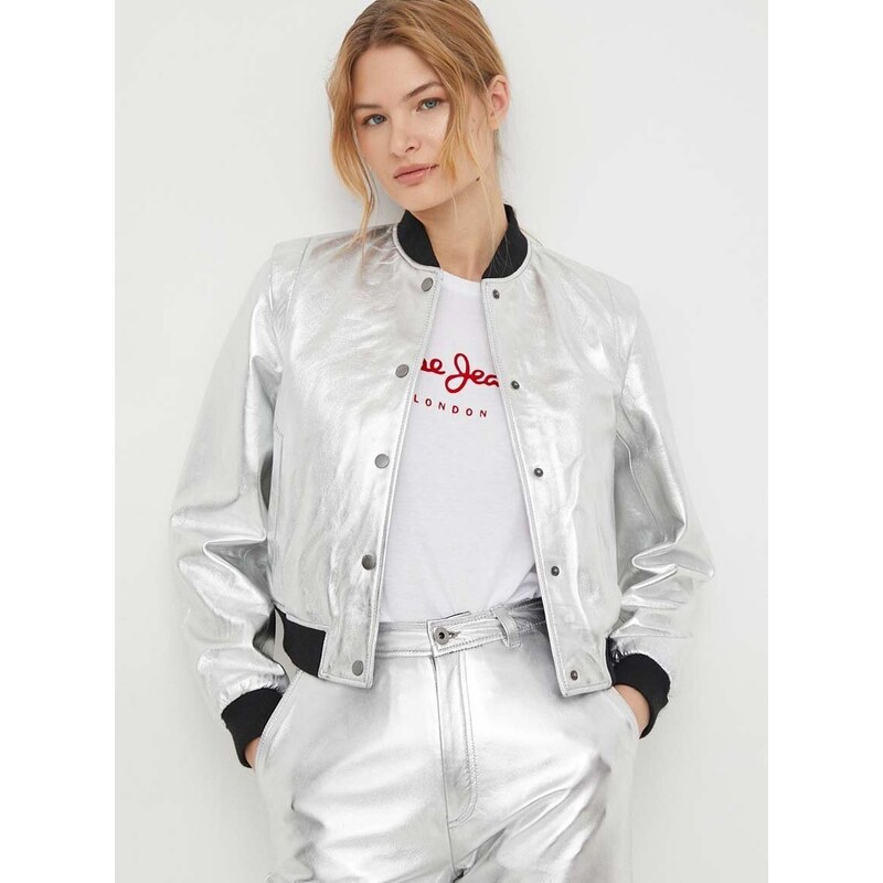 Kožna bomber jakna Pepe Jeans za žene, boja: srebrna, za prijelazno razdoblje