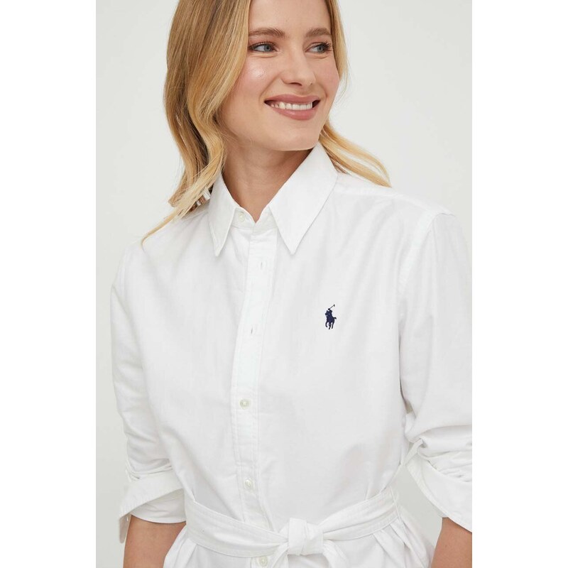 Pamučna haljina Polo Ralph Lauren boja: bijela, mini, ravna