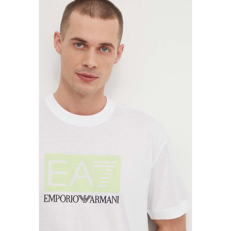 Pamučna majica EA7 Emporio Armani za muškarce, boja: bijela, s tiskom