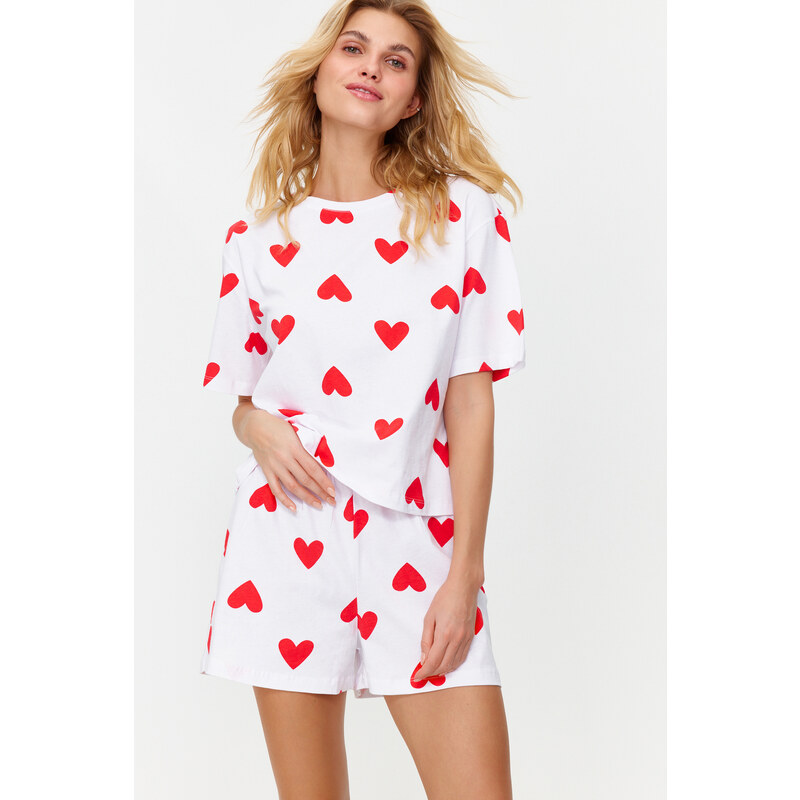 Trendyol White 100% Cotton Heart Knitted Pajama Set