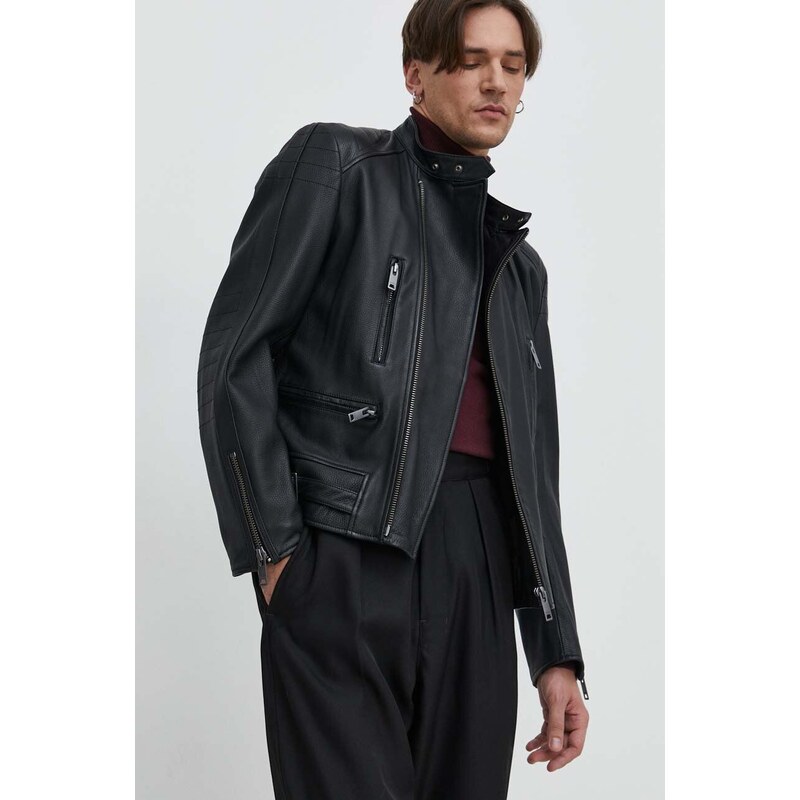 Kožna jakna HUGO za muškarce, boja: crna, za prijelazno razdoblje