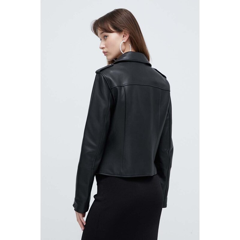 Kožna ramones jakna HUGO za žene, boja: crna, za prijelazno razdoblje