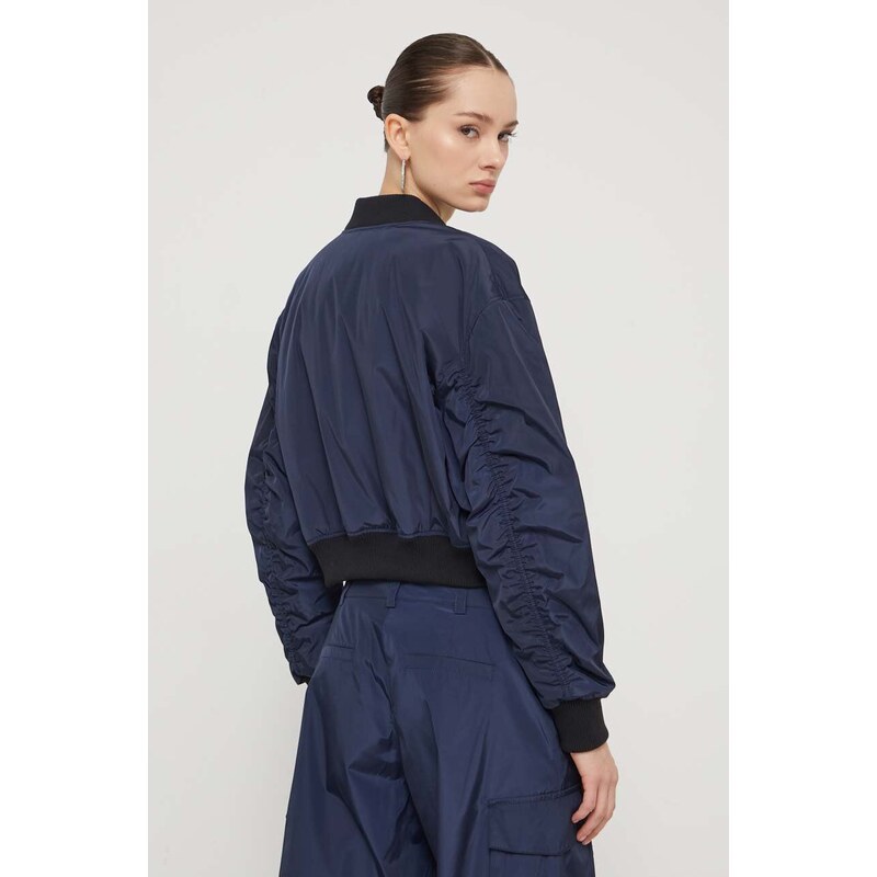 Bomber jakna HUGO za žene, boja: tamno plava, za prijelazno razdoblje, oversize