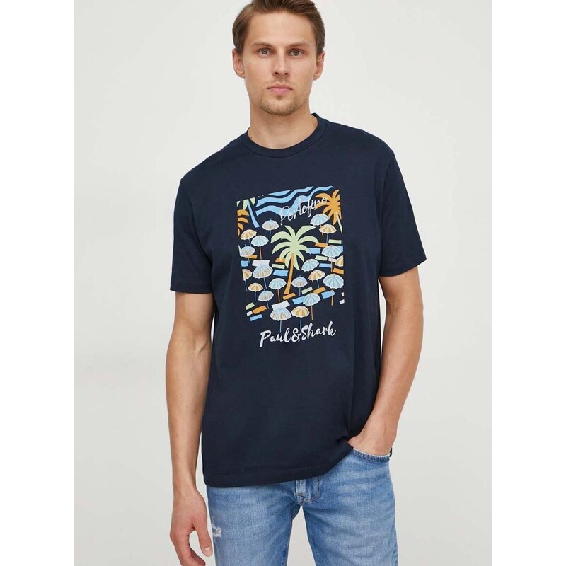 Pamučna majica Paul&Shark za muškarce, boja: tamno plava, s tiskom