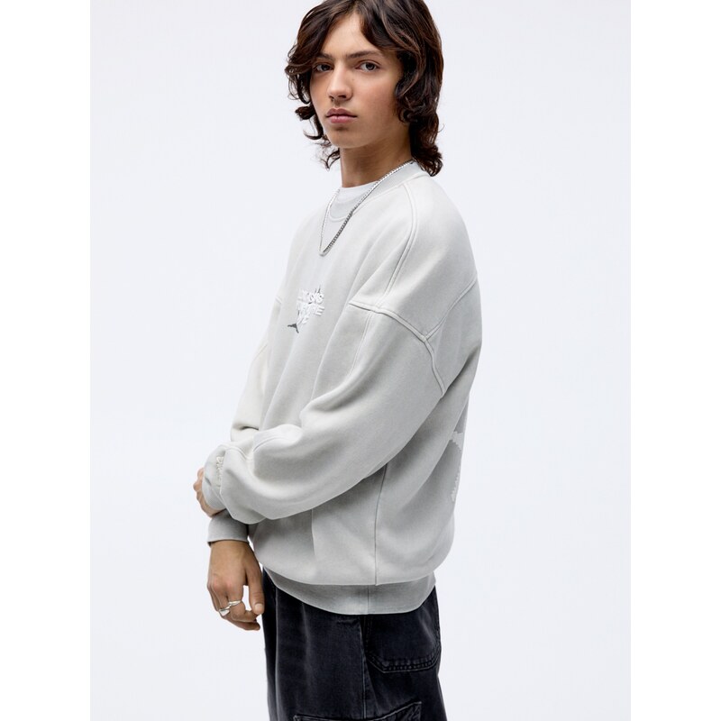 Pull&Bear Sweater majica siva / crna / bijela