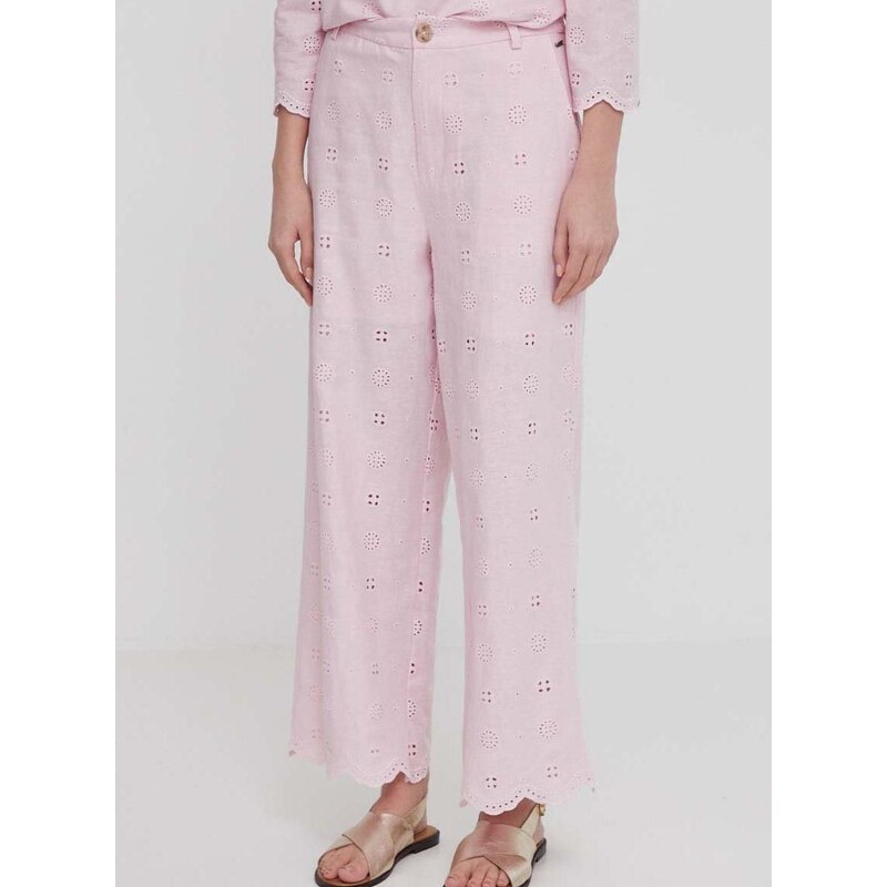 Lanene hlače Pepe Jeans boja: ružičasta, široke, visoki struk
