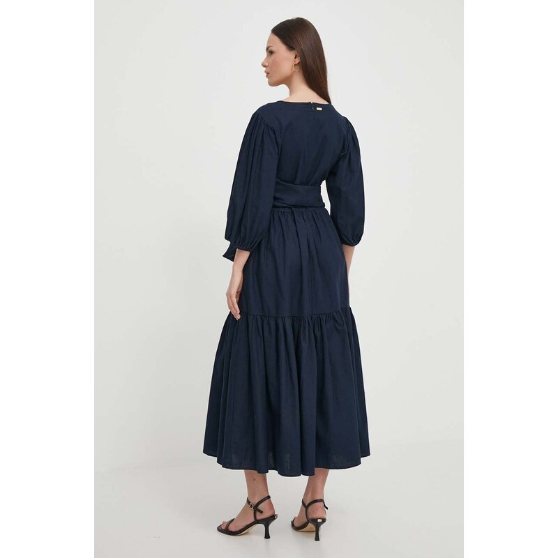 Lanena haljina Barbour Modern Heritage boja: tamno plava, maxi, širi se prema dolje, LDR0770