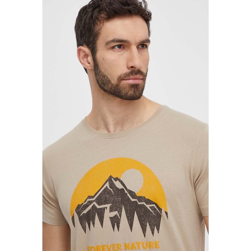Pamučna majica Fjallraven Nature za muškarce, boja: bež, s tiskom, F87053
