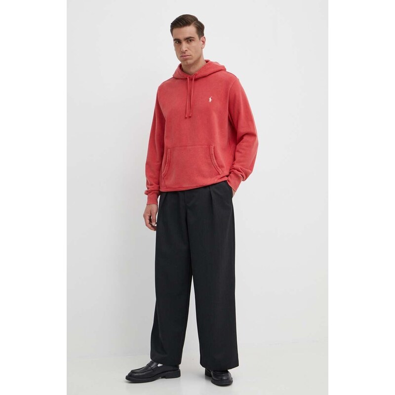 Pamučna dukserica Polo Ralph Lauren za muškarce, boja: crvena, s kapuljačom, bez uzorka, 710916690