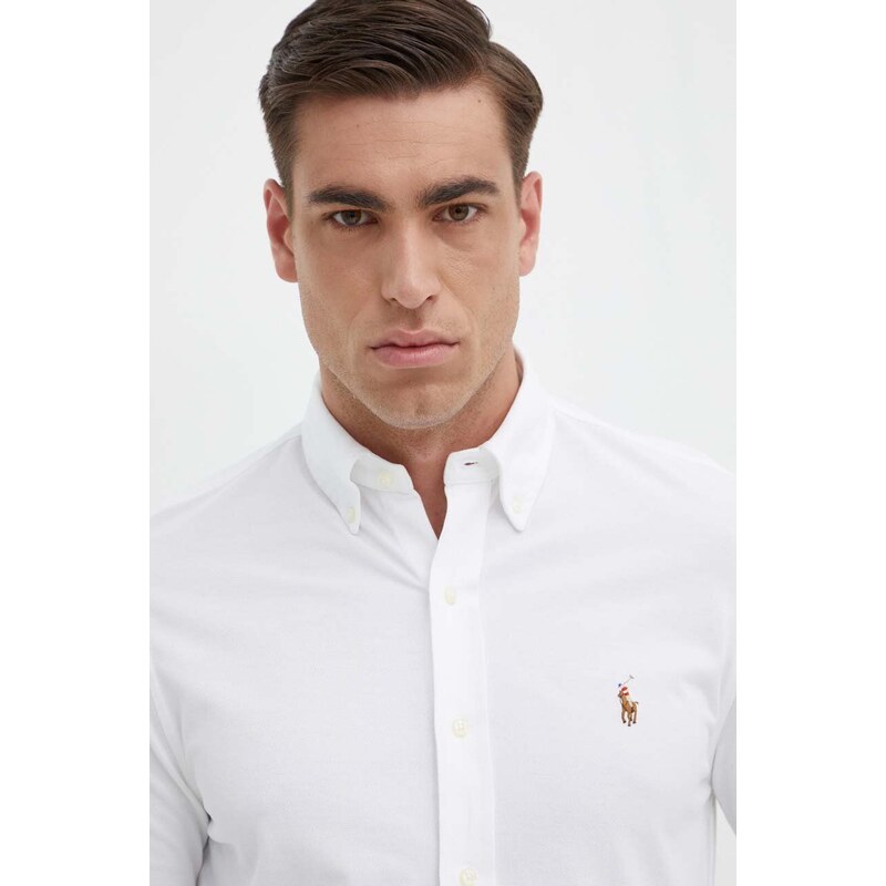 Pamučna košulja Polo Ralph Lauren za muškarce, boja: bijela, regular, s button-down ovratnikom, 710932545