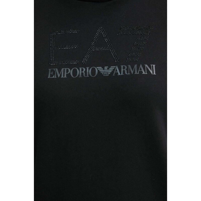 Pamučna dukserica EA7 Emporio Armani za žene, boja: crna, s kapuljačom, s aplikacijom