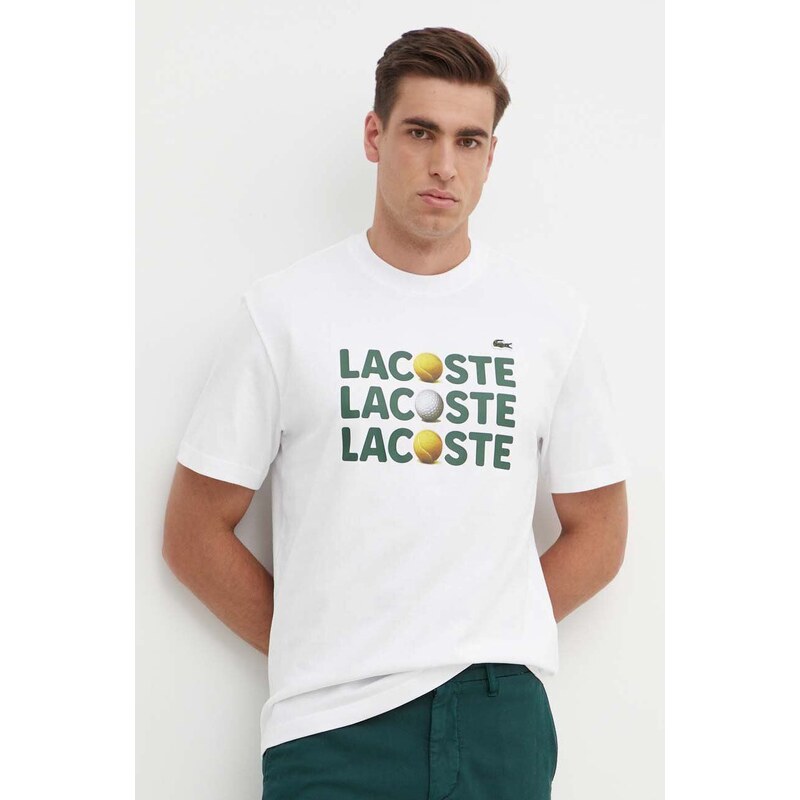 Pamučna majica Lacoste za muškarce, boja: bijela, s tiskom