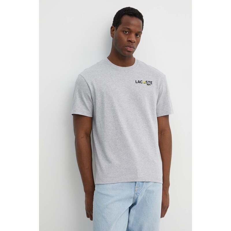 Pamučna majica Lacoste za muškarce, boja: siva, s tiskom